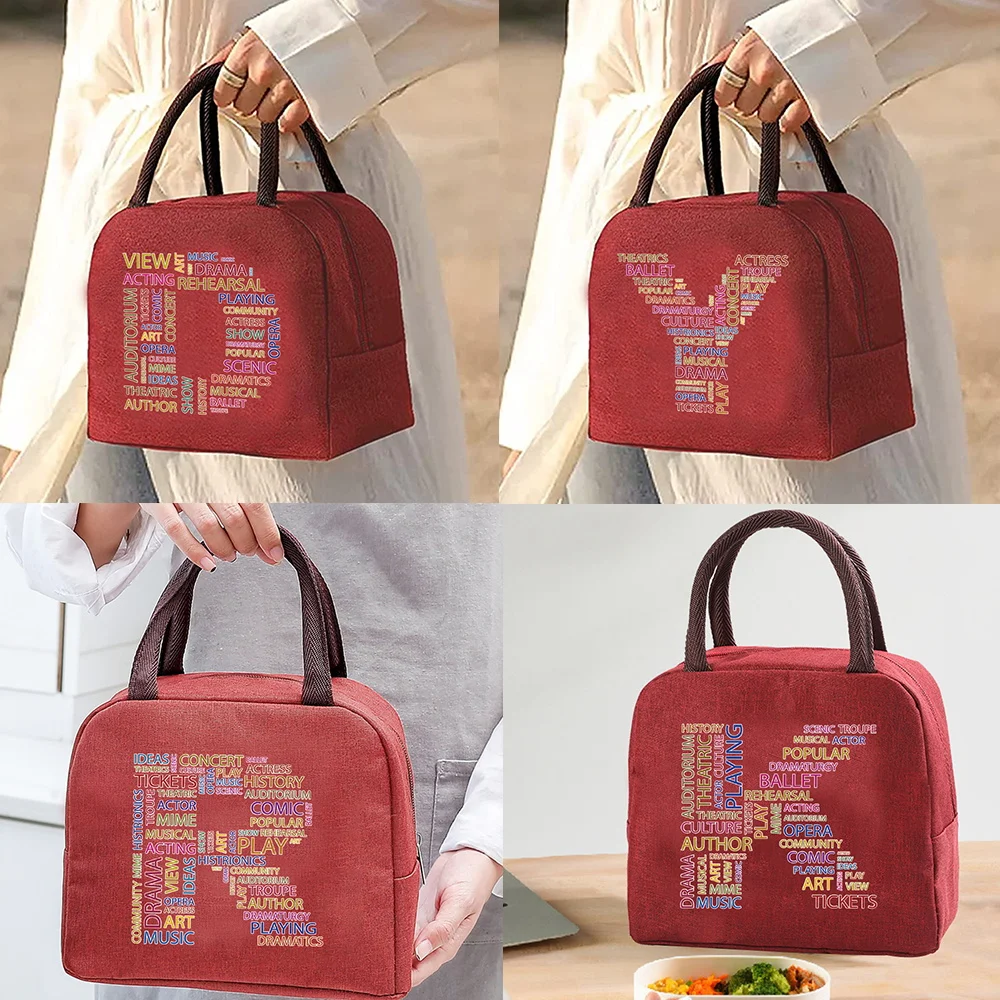 Personality Text Letter Print Pattern Cooler Lunch Bag Portable Insulated Bento Tote Thermal School Picnic Food Storage Pouch