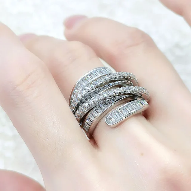 Vintage Winding pierścień przyrzeczenia symulowane diament 925 srebro zaręczynowe ślubne wielopoziomowe obrączki dla kobiet biżuteria