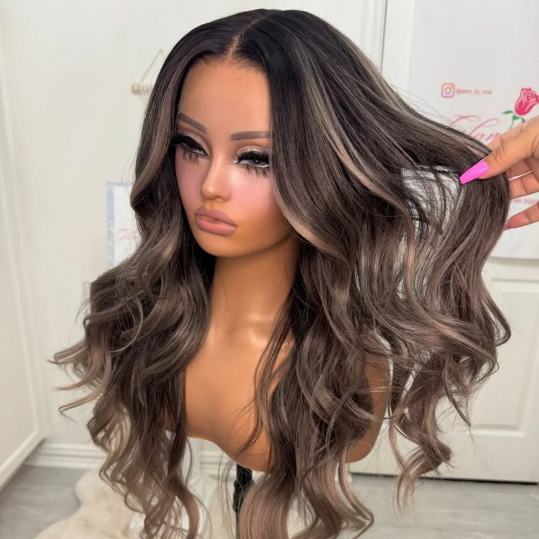 Perruque Lace Front Wig synthétique marron chocolat ombré 13x4, perruque Lace Front Wig HD à reflets 180% haute densité sans colle pour femmes