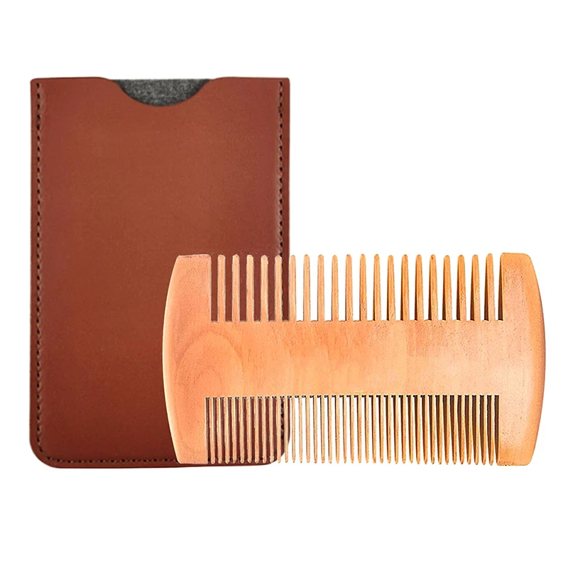 Natural Wood Hair Brush Beard Comb with PU Leather Case Anti-Static Mustache Pocket Comb Brushing Hair Care Tools for Men Gift