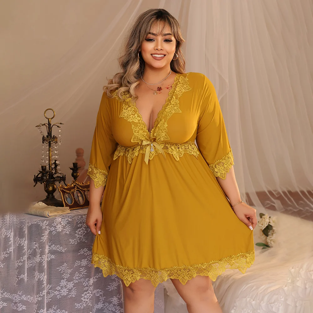 

Plus Size Women Lace Trim V-Neck Nightgown - 3/4 Sleeve A-Line Sleep Dress, Mustard Yellow Bowknot Detail Soft Lingerie Nightwea