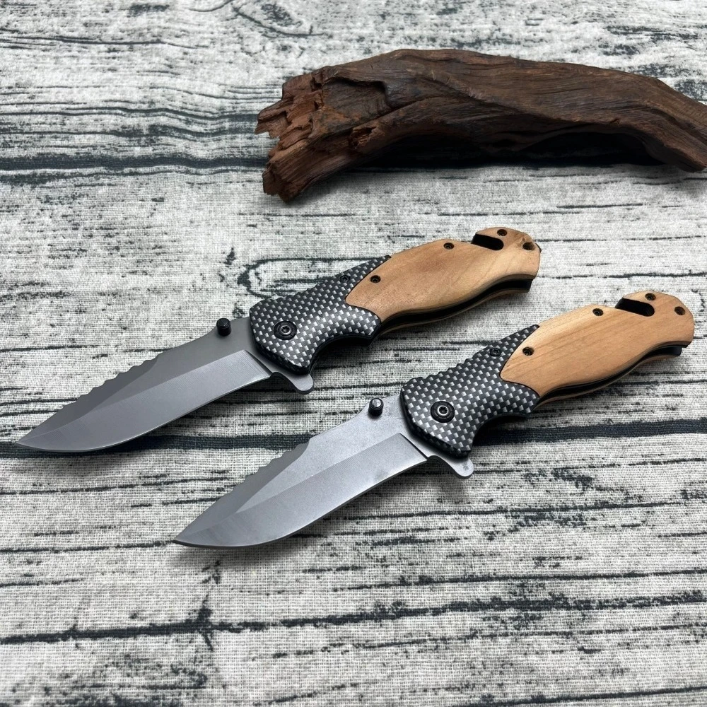 Cuchillo Plegable Portátil X50 con Hoja 5Cr13Mov y Mango de Madera de Olivo, Cuchillo de Bolsillo para Exteriores, Ideal para Camping, Senderismo y Pesca