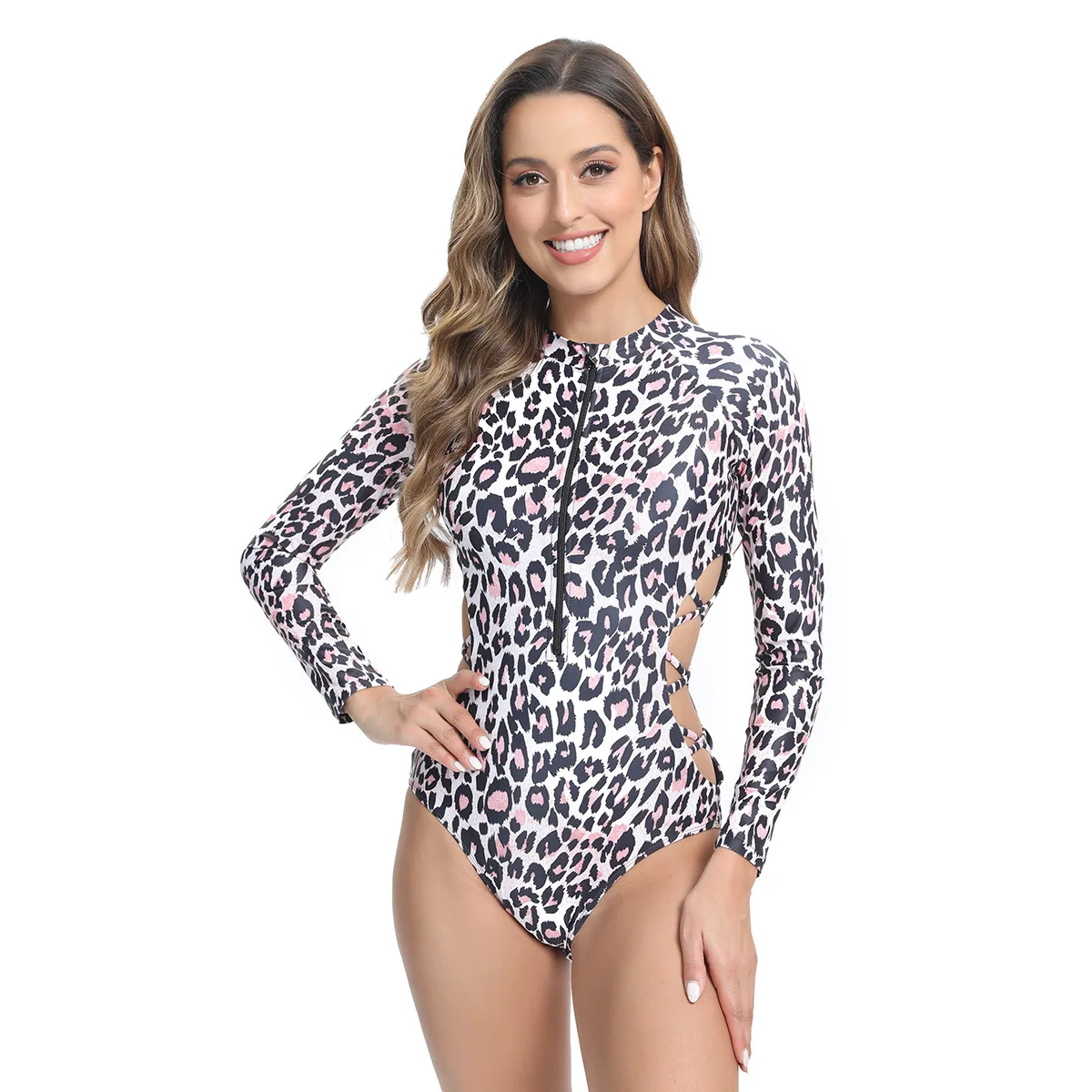 سراويل ضيقة جديدة من قطعة واحدة بسحاب وأكمام طويلة لعام 2025 مع طباعة الفهد على كلا الجانبين، ملابس سباحة نسائية للتدريب على السباق