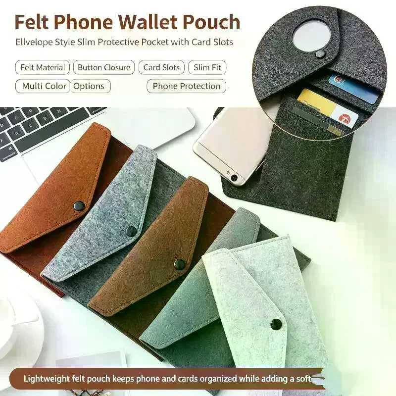 Felt Mobile Phone Pouch Envelope Style Snap Button Storage Bag Soft Anti Scratch Sleeve Unisex Retro Long Simple Wallet