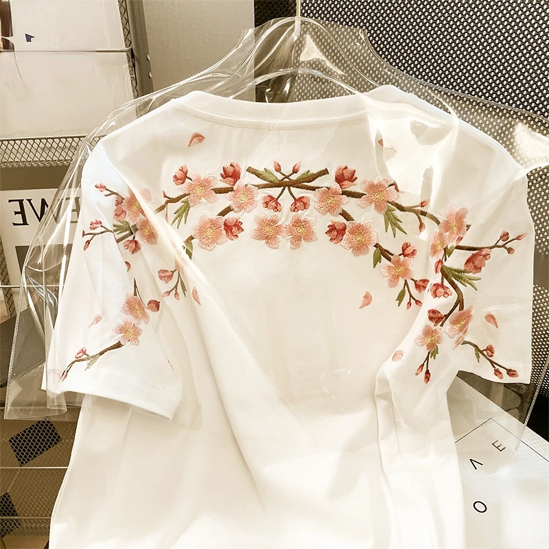 Chinese Styl T Shirts O Neck Short Sleeve Flower Embroidery Top Tees Summer Casual Loose 90s Fashion Vintage Chic Women Clothes