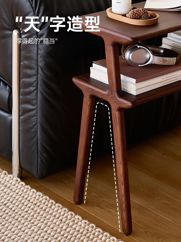 Double-layered storage shelves, sofa entryway, solid wood side table at the head of the bed