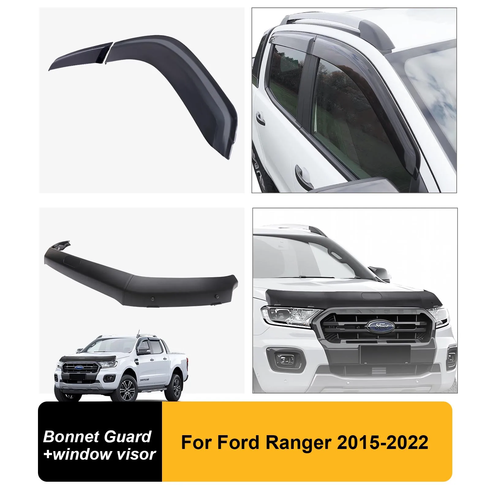 Sun Rain Guard Window Visor +Bonnet Guard For Ford Ranger 2015-2022 Double Cabin 4X4 Car Accessories