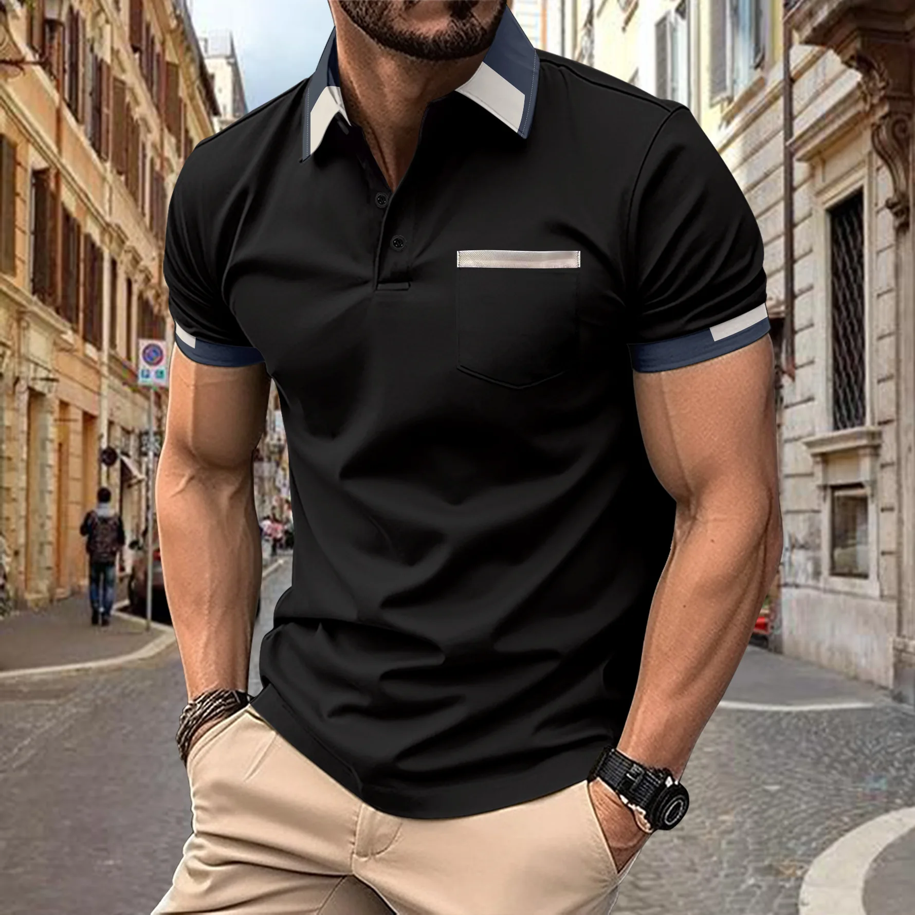 2024 new men's POLO shirt chest pocket solid color casual fashion short-sleeved T-shirt