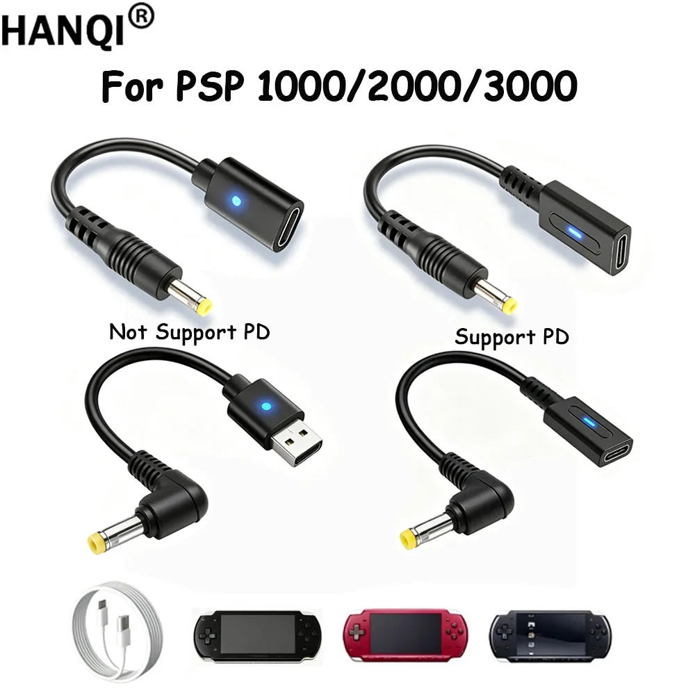 Type-C USB to DC Charging Cable For PSP 1000 2000 3000, PD & Non-PD LED Power Adapter Cord, Straight & 90 Degree Plug