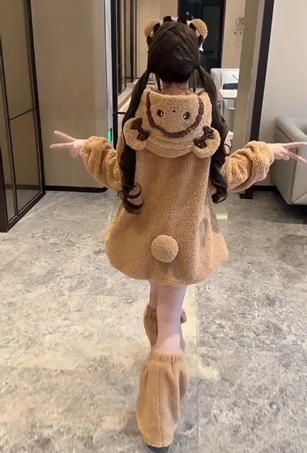 

Original Sweet Girls Versatile Fluffy Lolita Coat Winter Warm Student Cute Hooded Solid Color Long Sleeve Jacket for Women