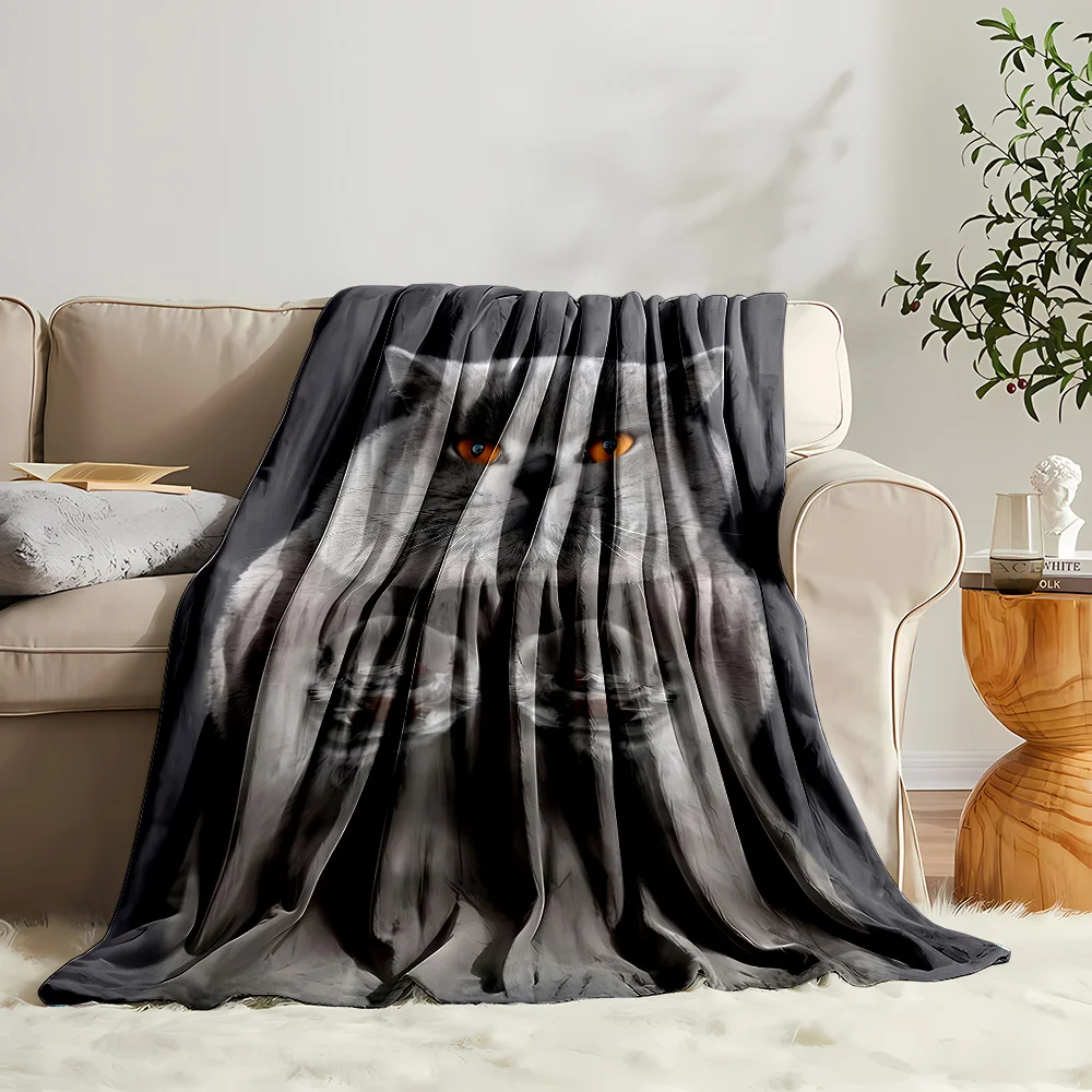 British Shorthair Cat Throw Blanket Realistic Gray Cat Orange Eyes Print Soft Flannel for Bedroom Sofa Pet Lover Home Decor Gift