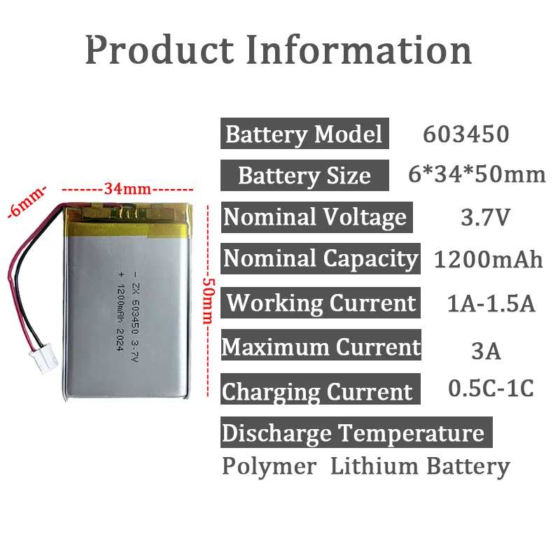 3.7V 1200mAh 603450 LiPo Battery JST PH2.0 2Pin Plug Rechargeable Lithium Polymer for GPS Camera MP3