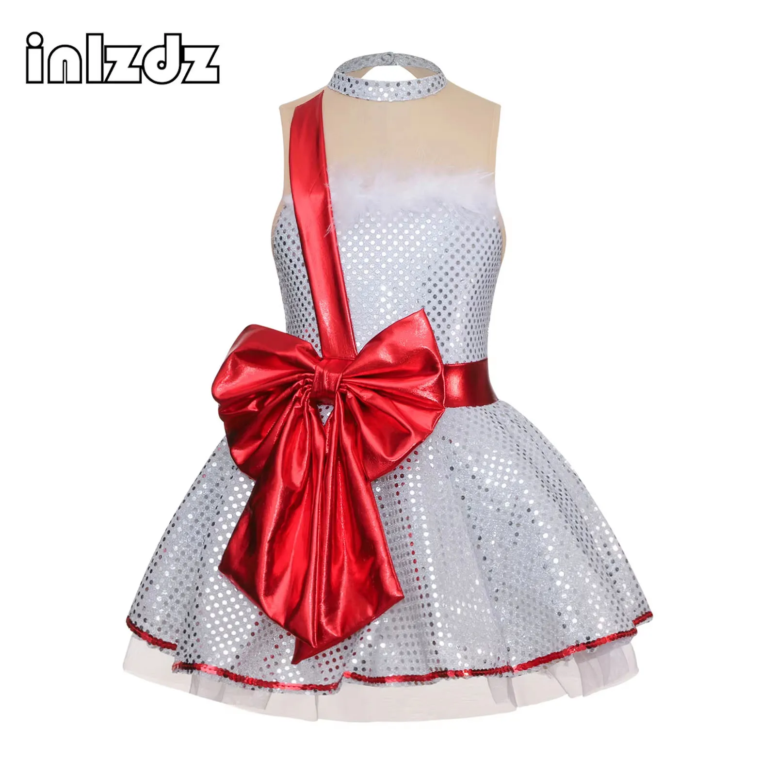 

Kids Girls Christmas Santa Sweetie Costume Mesh Sequins Snowman Dance Dress Ballet Figure Skating Roller Twirling Leotard Dress