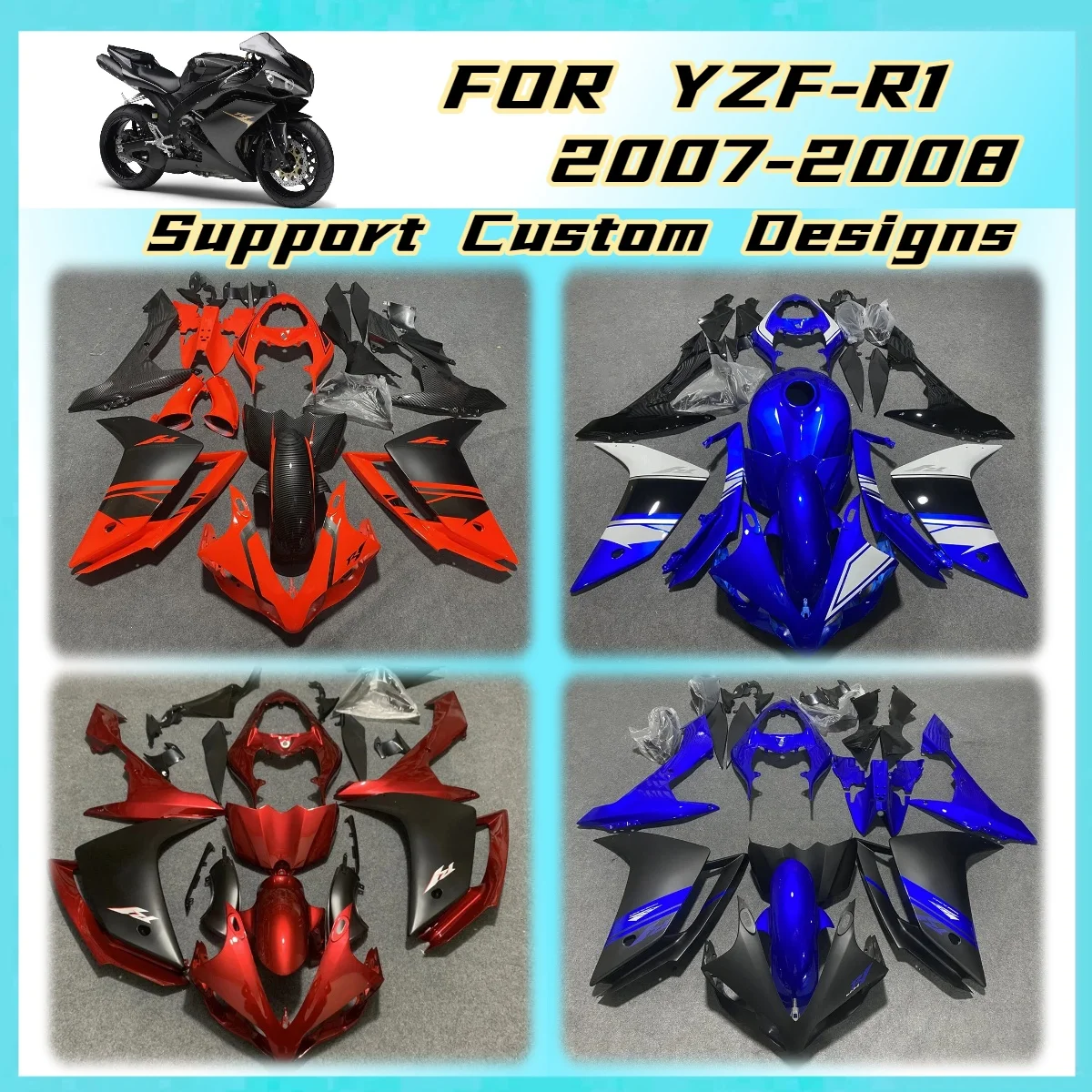 2007 2008 YZFR1 Fairings Accessories Direct Fit Motorbike Plastics for Yamaha YZF R1 07 08 Custom Colors Styling