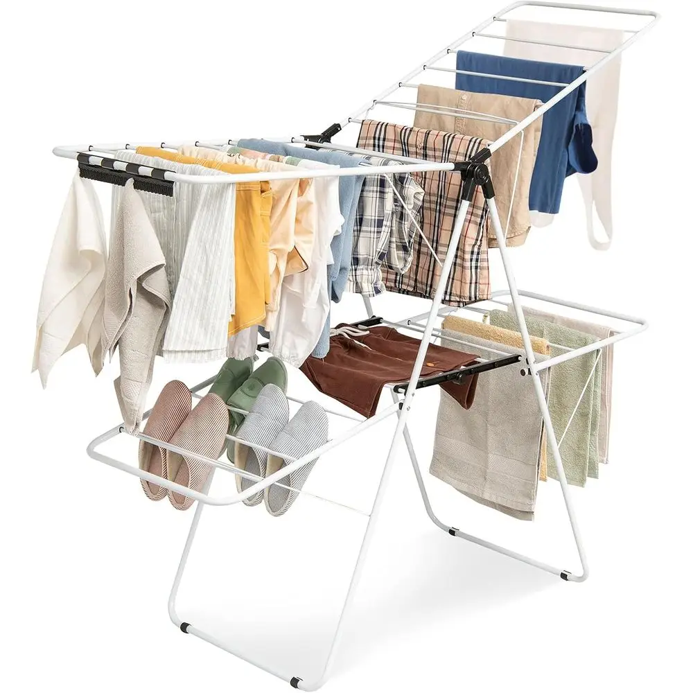 

oldable Clothes Drying Rack, 2-Level olding Drying Rack or Indoor Outdoor Use, Drying Rack Clothing w/Height-Adjustable Gullwing