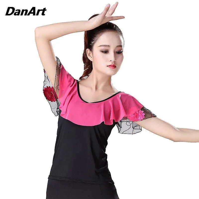 Costume da prestazione da donna Top a maniche corte da ballo moderno Top da allenamento con maniche a corno da ballo quadrato Top da ballo Plus Size