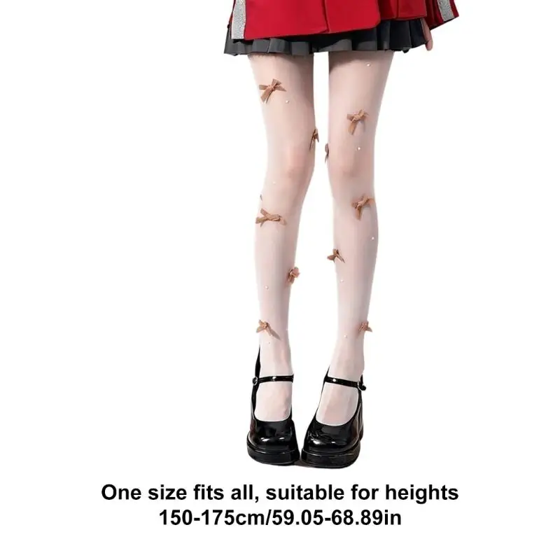652F High Waist Pantyhose Sheer Silk Stockings Students Girls Thigh High Stockings Sparkly Bows Pearls Tights for Women Girls