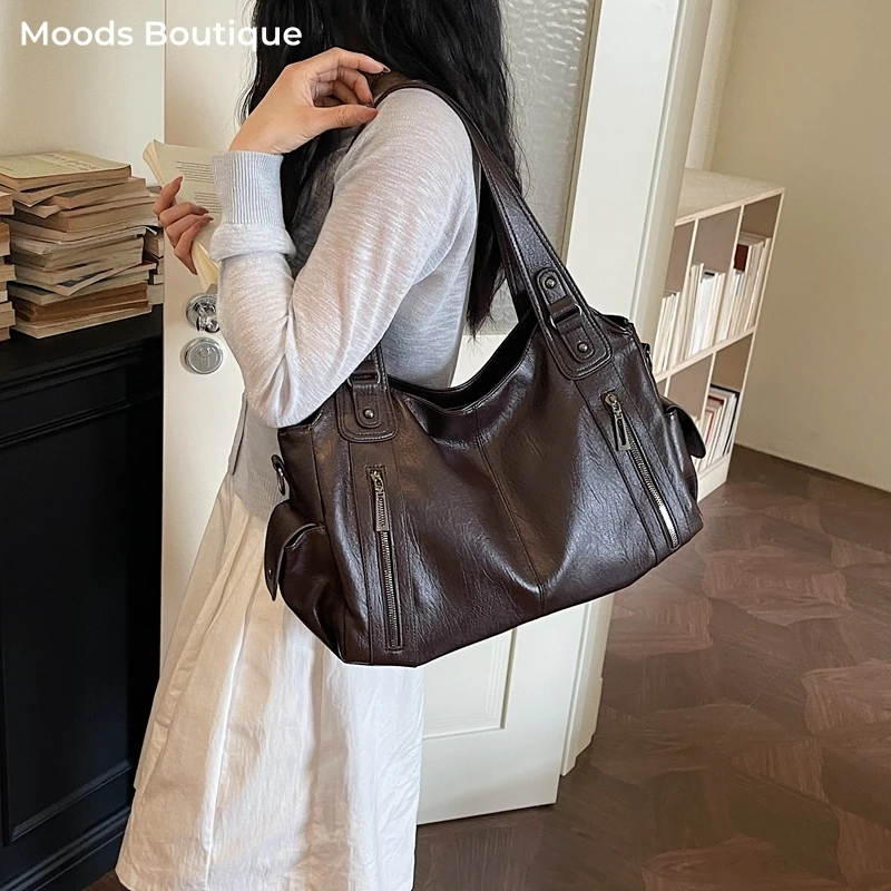 MOODS Commuter Shoulder Shopper Tote Bag For Women Soft Vegan Leather Pure Color Multi Pockets Large Capacity Crossbody Bag 2026