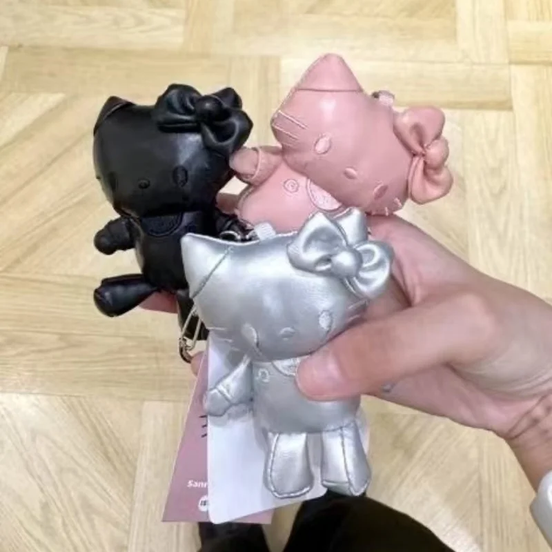 Sanrio 8cm couro hello kitty mini chaveiro de pelúcia kawaii rosa leopardo colorido kitty boneca criativo mochila pingente acessórios