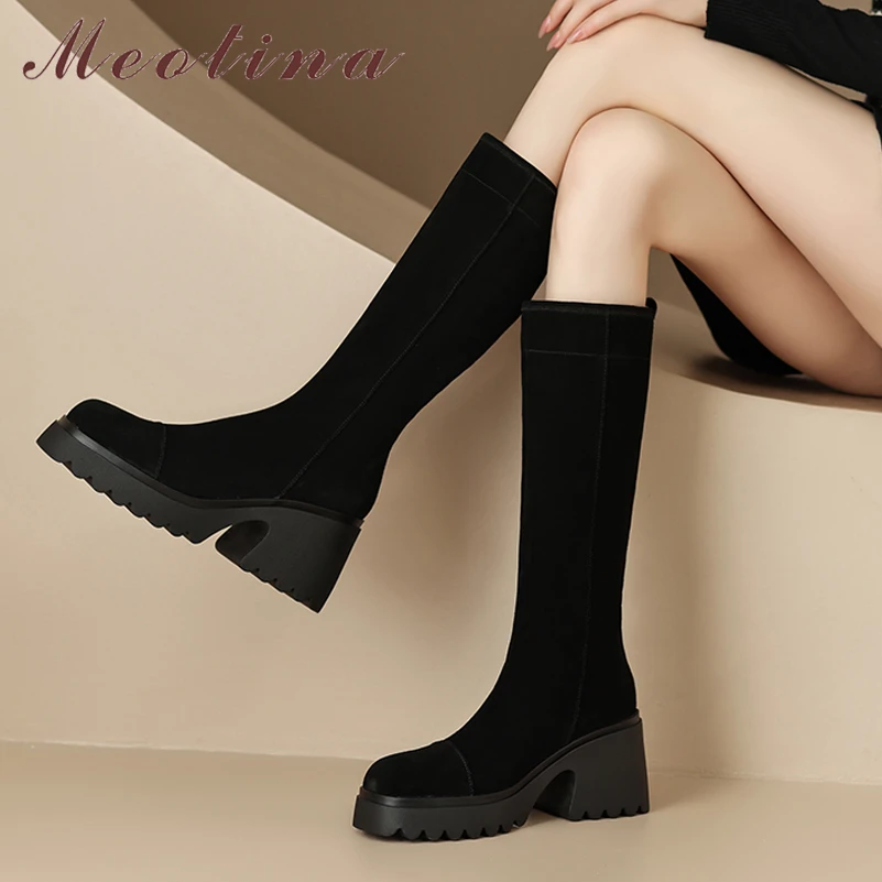 Meotina Women Genuine Leather Knee High Fur Wool Snow Boots Square Toe Thick High Heel Ladies Cow Suede Long Boot Winter Shoes