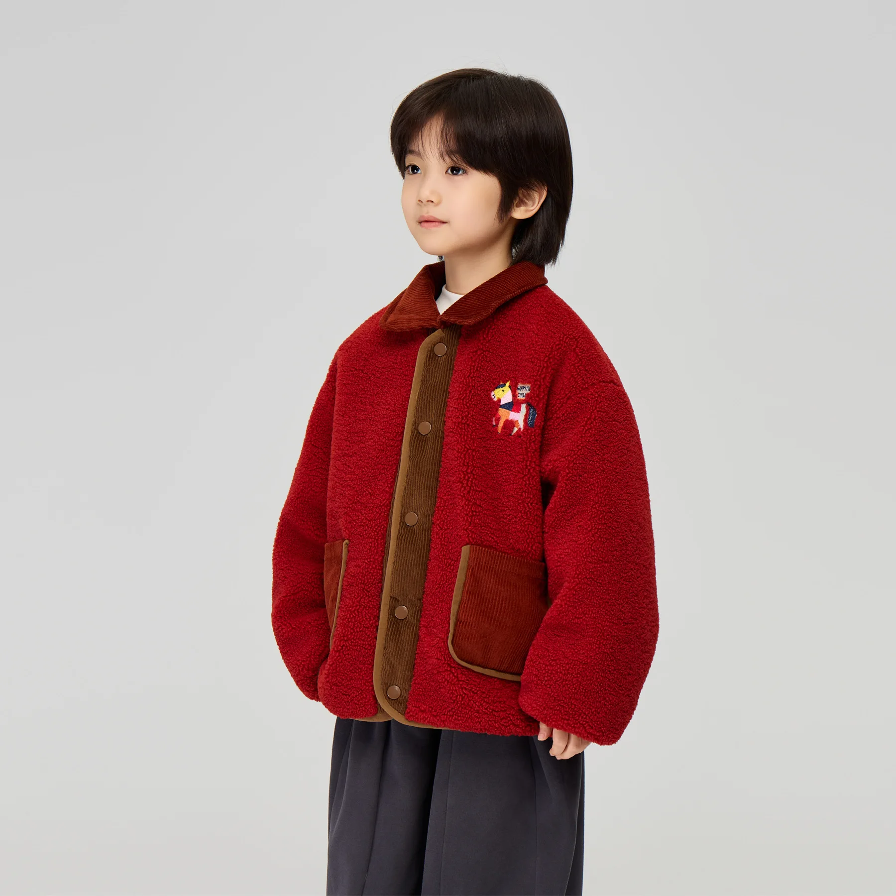 

Winter Style Kids' Cute Cartoon Pony Embroidery Embroidered Warm Cotton Coat Red New Year's Celebration Outerwear for Kids