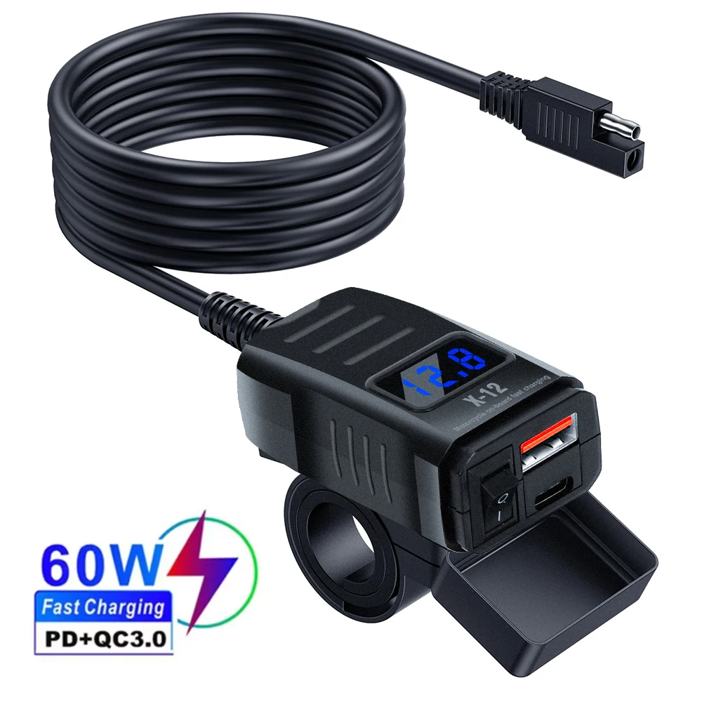 PD QC3.0 Motorfiets USB Snelle Oplader 60W Stuur Dual USB Socket met Schakelaar Voltmeter Waterdichte 12V Voeding adapter