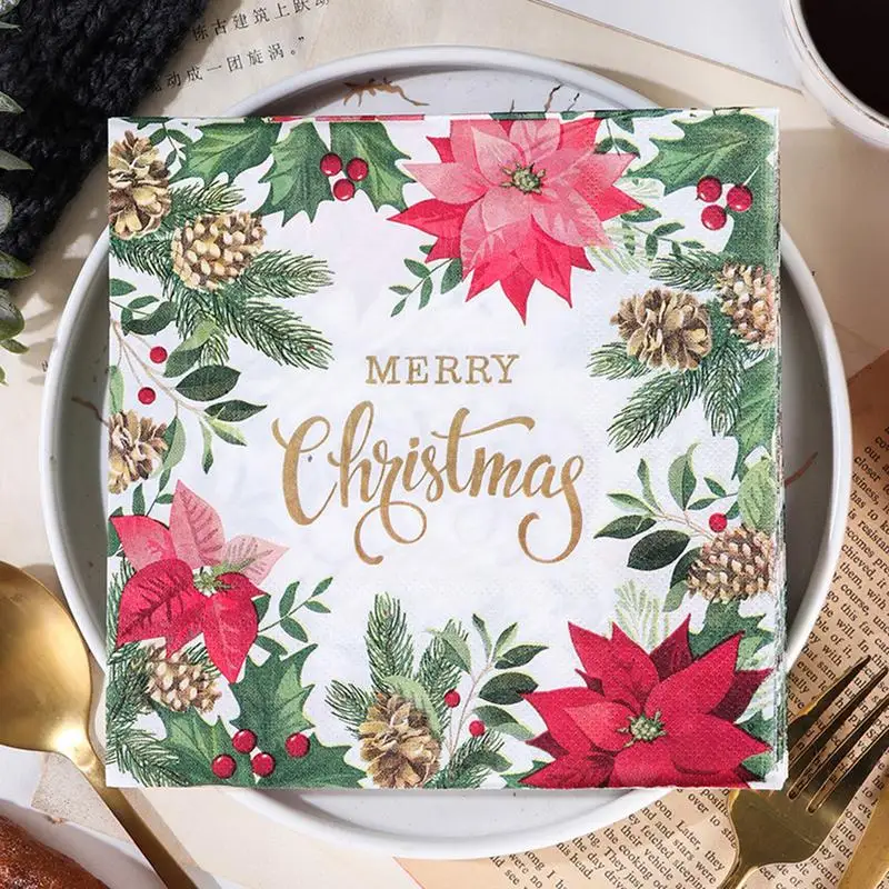 20pcs Christmas Napkins 33x33cm Disposable Poinsettia Cocktail Hand Napkins Flower Printed Guest Tissue Paper Fingertip Towels