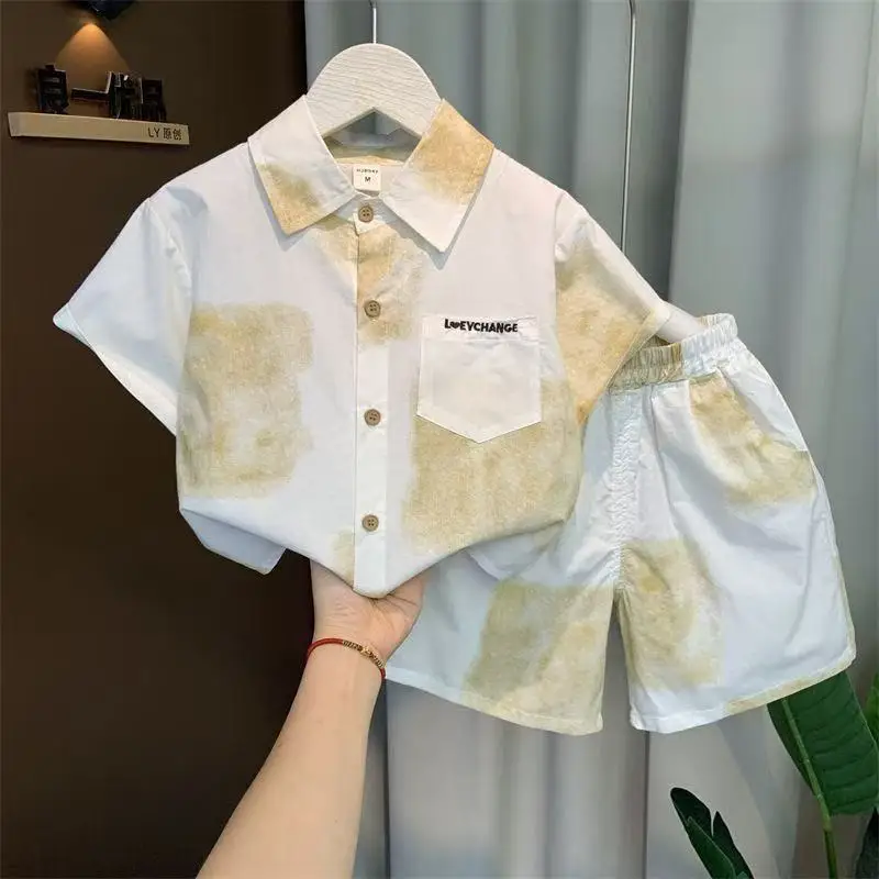 New Boys Summer Clothes Personality Plaid Cardigan Tie-dye Short Sleeve Shirts+Short 2pcs Korean Children Boutique Casual Set