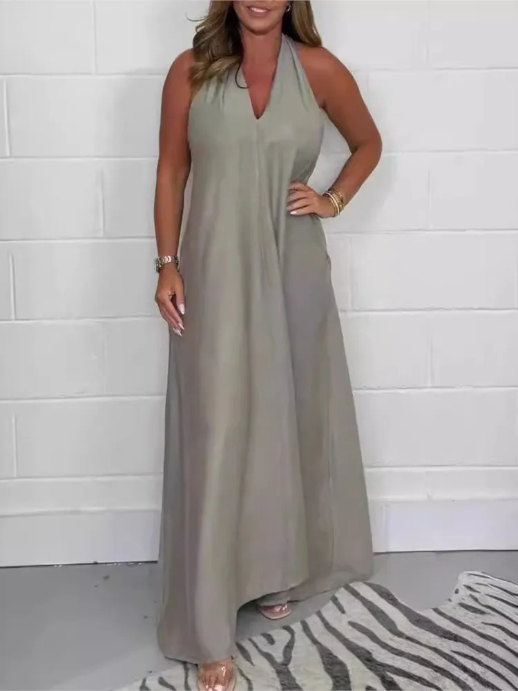 

Elegant Deep V-Neck Dresses For Women 2025 Summer Fashion Solid Color Halter Neck Sleeveless Vestidos Sexy Loose Evening Dress
