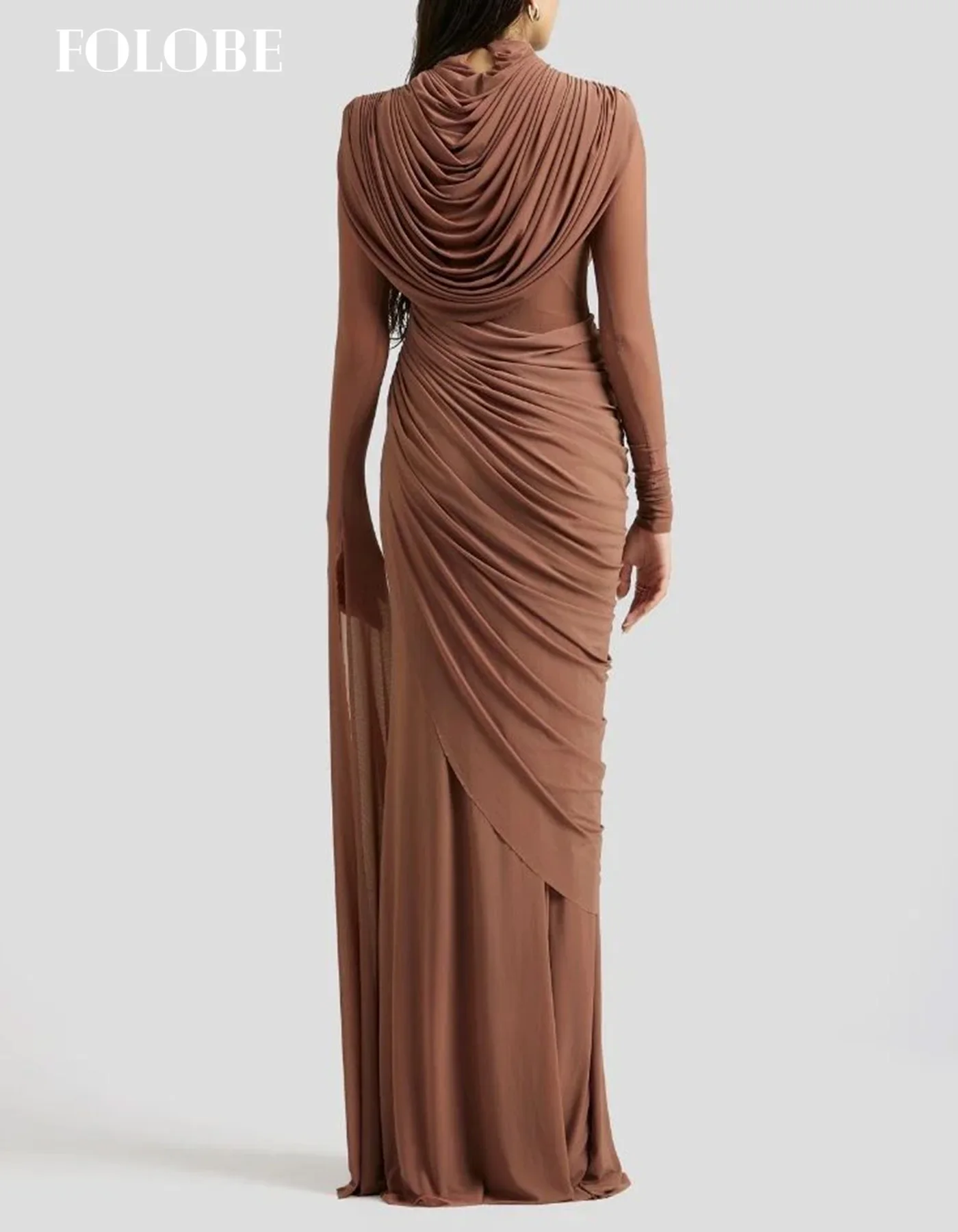 FOLOBE chiffon bruin avondjurk volledige mouwen zeemeermin plus prom feestjurken elegante eenvoudige maxi galajurken op maat
