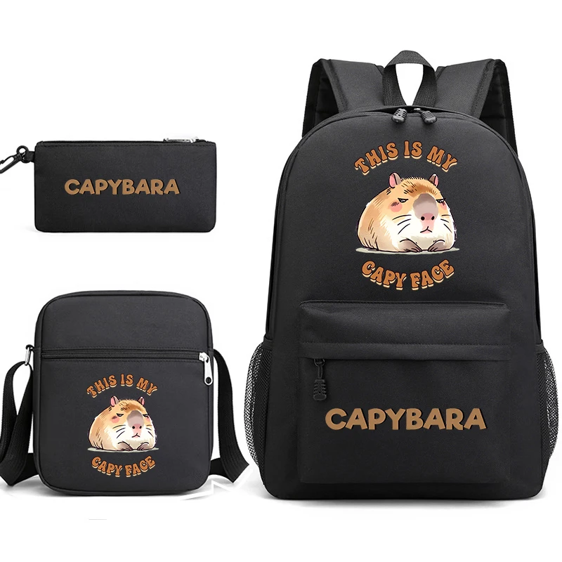 Capybara Print School Bag Set with Backpack Shoulder Bag Pen Bag 3-Piece Student Bookbag for Kids Boys Girls Lightweight Daypack