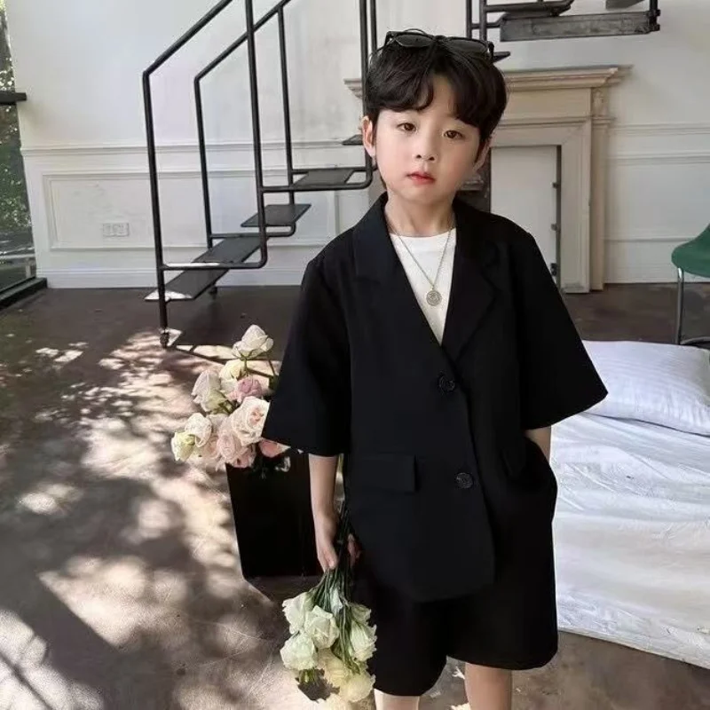 

Boys Summer Suit Set Korean Style Black Short Sleeve Blazer Shorts Outfit 2-Piece Casual Loose Formal Wear for Kids Age 2-9 Year
