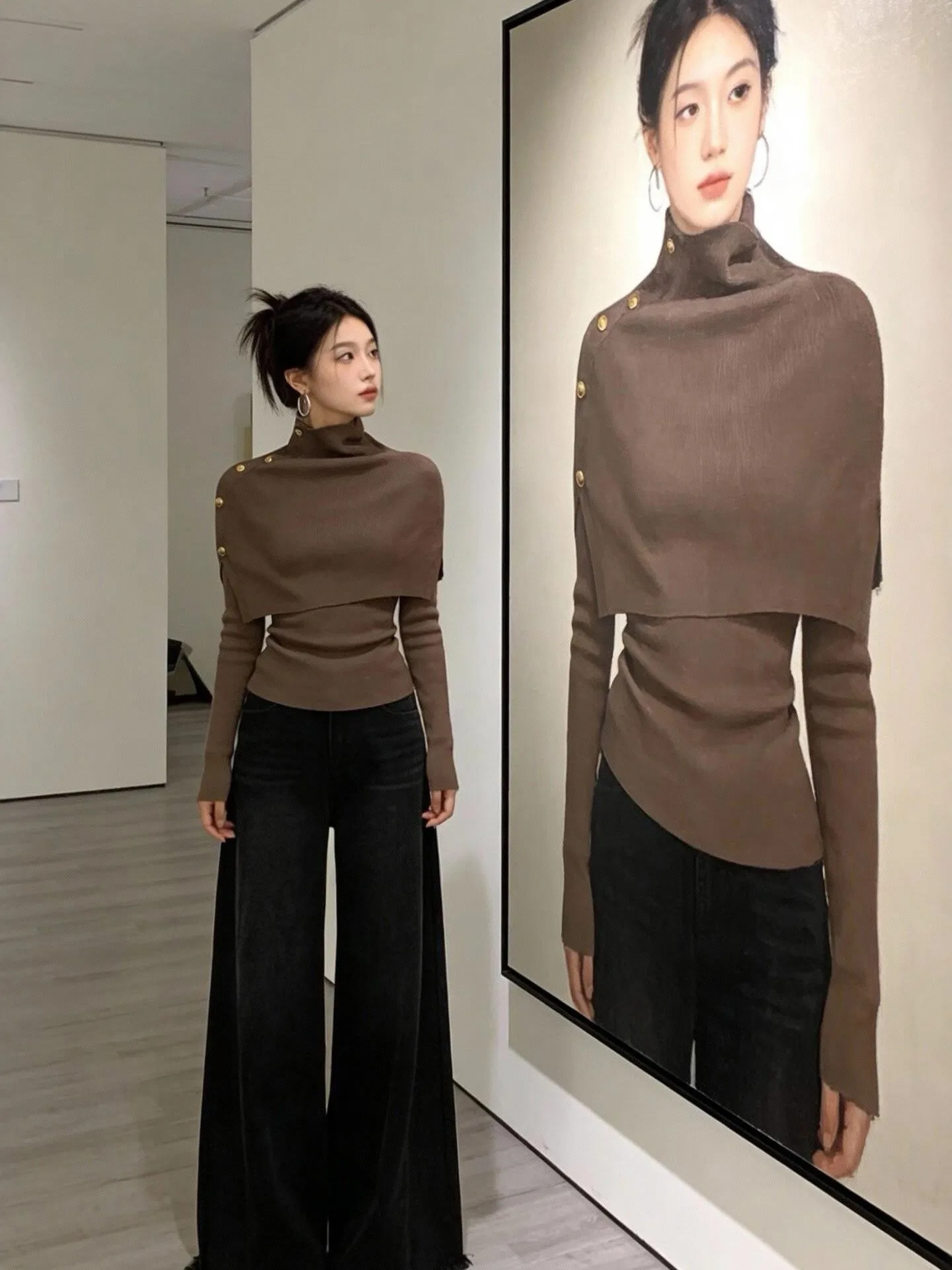 

Korean Sle High Collar Brown Knitted Sweater Women's Winter Inner Wear Outerwear Slimming Long Sve Overhead Top