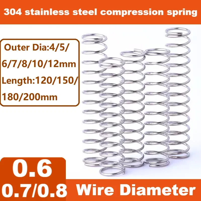 

304 stainless steel compression spring,Return spring,WireDia0.6/0.7/0.8mm,Outer Dia4/5/6/7/8/10/12mm,Length120/150/180/200mm.