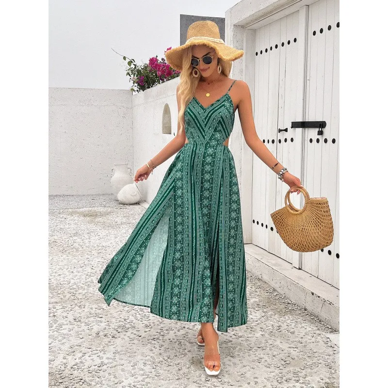 Sommerkleid für Damen, Spaghettiträger, geblümt, gewebt, elastische Taille, Maxikleid, V-Ausschnitt, seitlicher Ausschnitt, Slip-Kleid, Boho-Stil, Grün