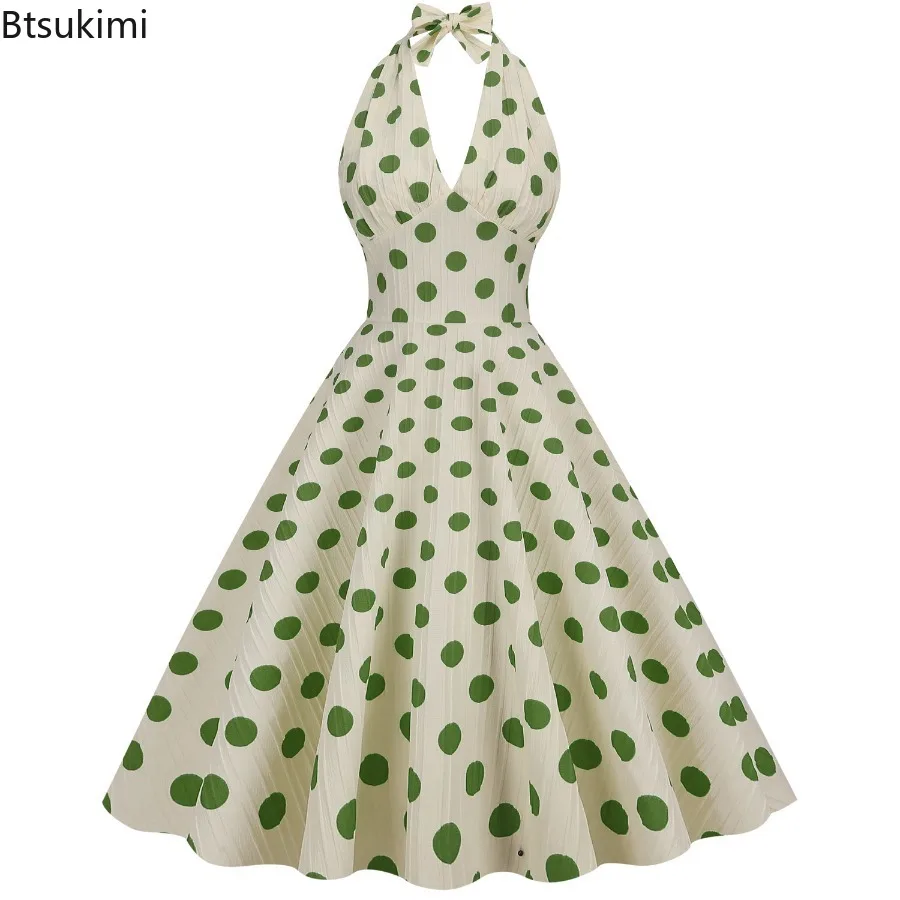Nouveau 2025 femmes d'été à pois Rockabilly robe Vintage licou col en v profond sans manches dos nu robe de plage décontractée pour les femmes