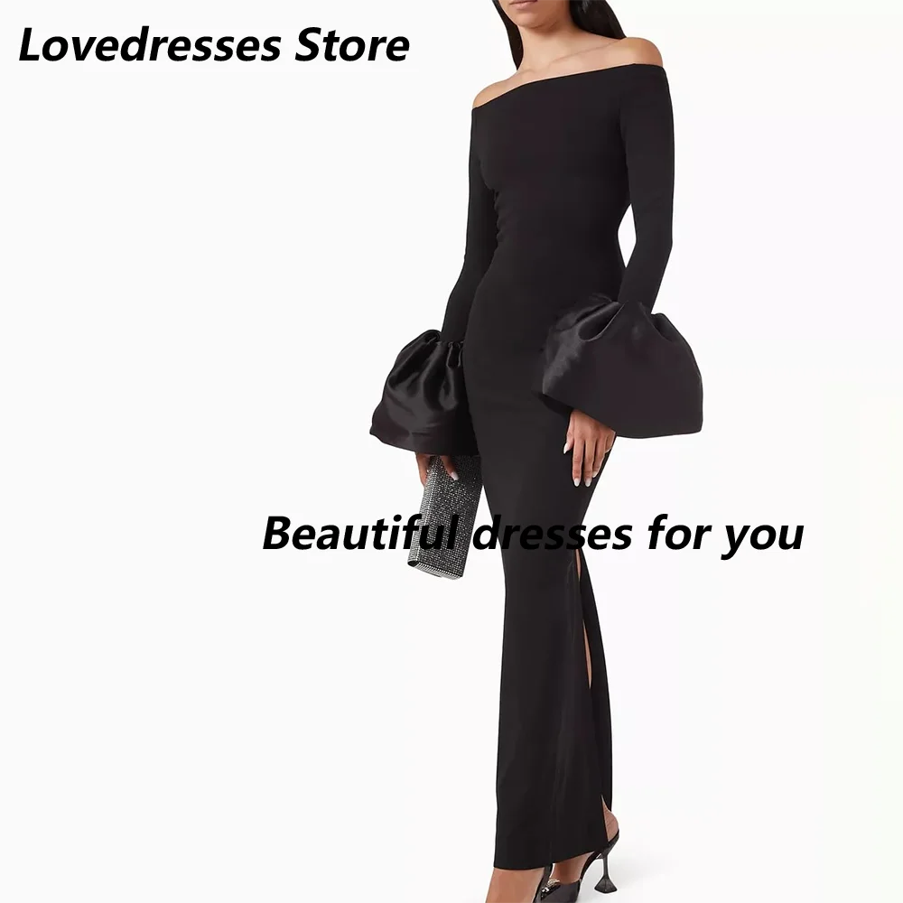 Simples vestido de noite preto barco pescoço tornozelo comprimento coluna vestidos de noite maxi mangas compridas elegantes vestidos de festa formais personalizados