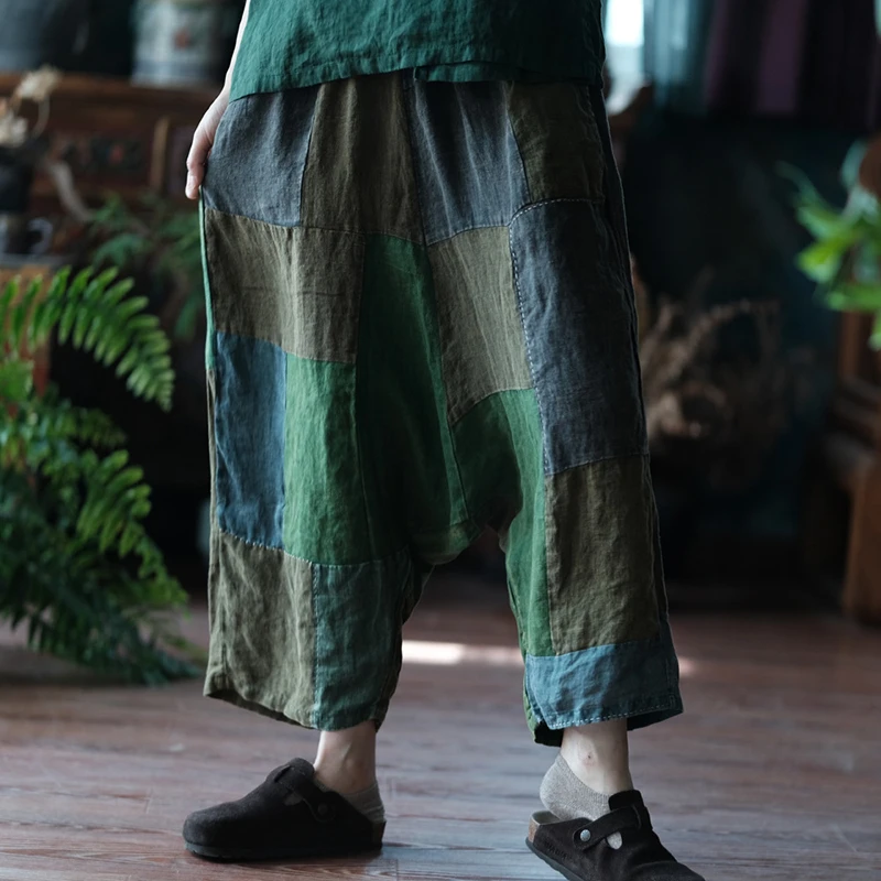 

Women Cotton Linen Casual Pants New 2025 Summer Vintage Style Patchwork Color Loose Comfortable Female Ankle-length Pants M867