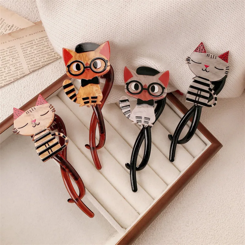 Pinces à cheveux torsadées en forme de chat de dessin animé, pinces à cheveux en forme de crabe en acrylique pour filles et femmes, épingle à cheveux à la mode, accessoires pour griffes FFZZ03