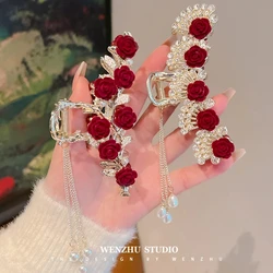 Fashion Rose Tassel Hair Claws Women Shiny Crystal Hair Clip for Girls Exquisite Elegance Headdress Hair Accessoires Korean