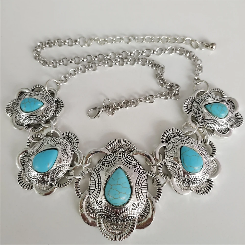 Collar bohemio étnico Vintage con forma de gota de agua para mujer, collar turquesa de imitación, chapado en plata india, flor Retro, joyería llamativa