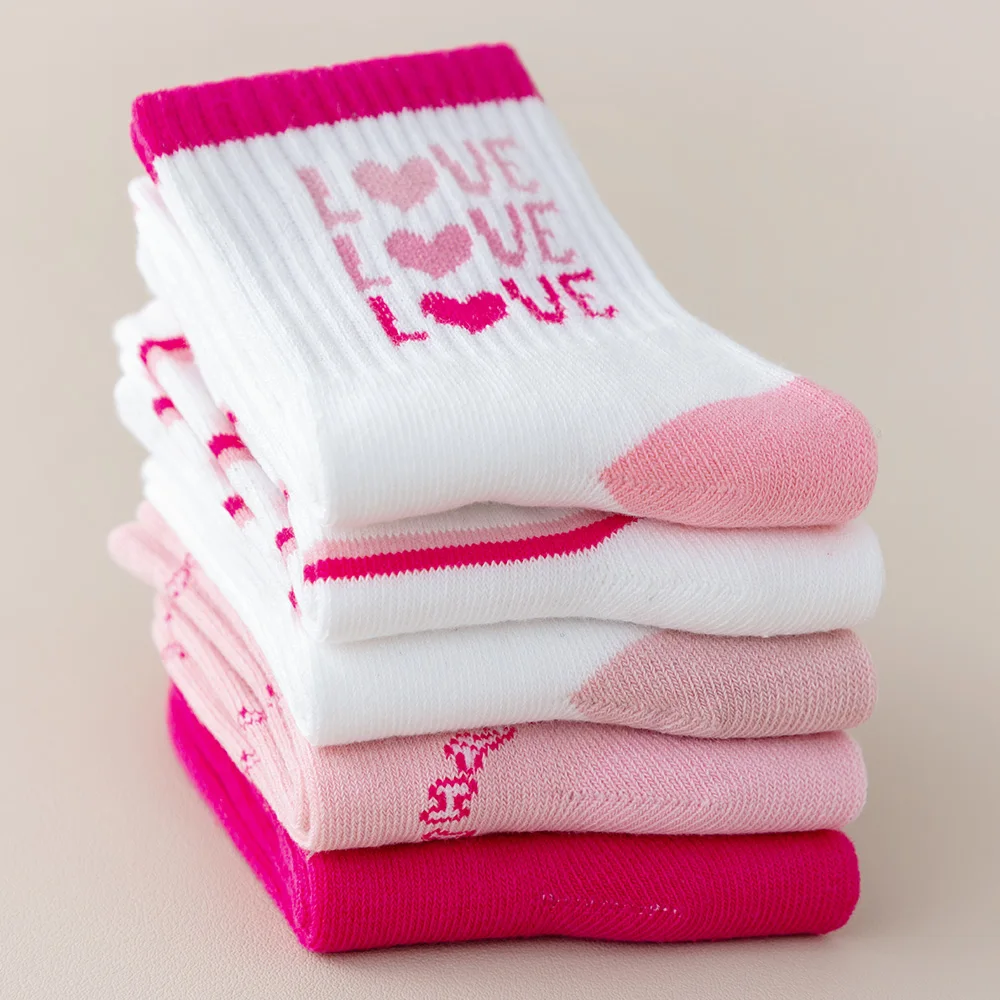 여아용 봄 여름 아동 양말 5켤레, 핑크 하트 스트라이프 귀여운 캐주얼 양말