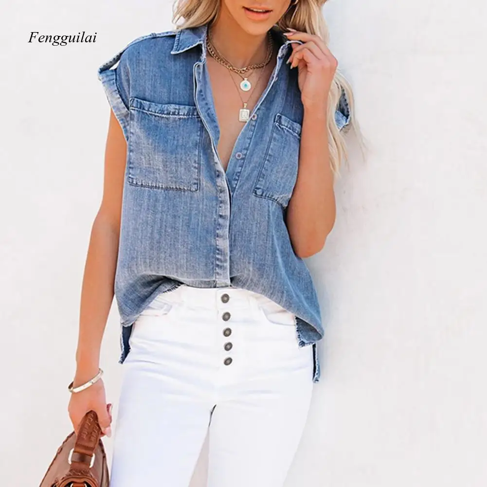 Casual Denim Shirt Women Summer Short Sleeve Single Breasted Loose Jean Blouses Vintage Harajuku Chic Tops Office Lady Tunics