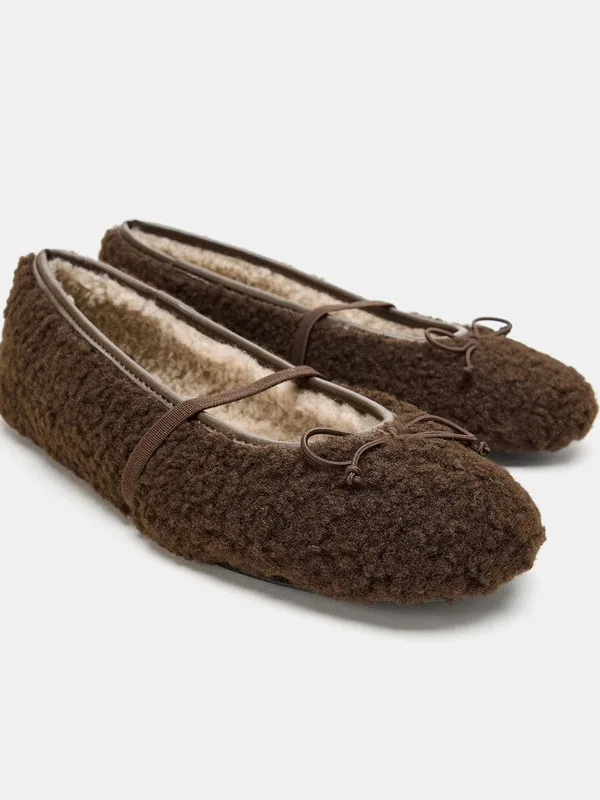 ballet-flats-round-toe-fleece-lined-women's-shoes-new-arrival-winter-season-flat-bottom-knot-decorated-slip-on-shoes