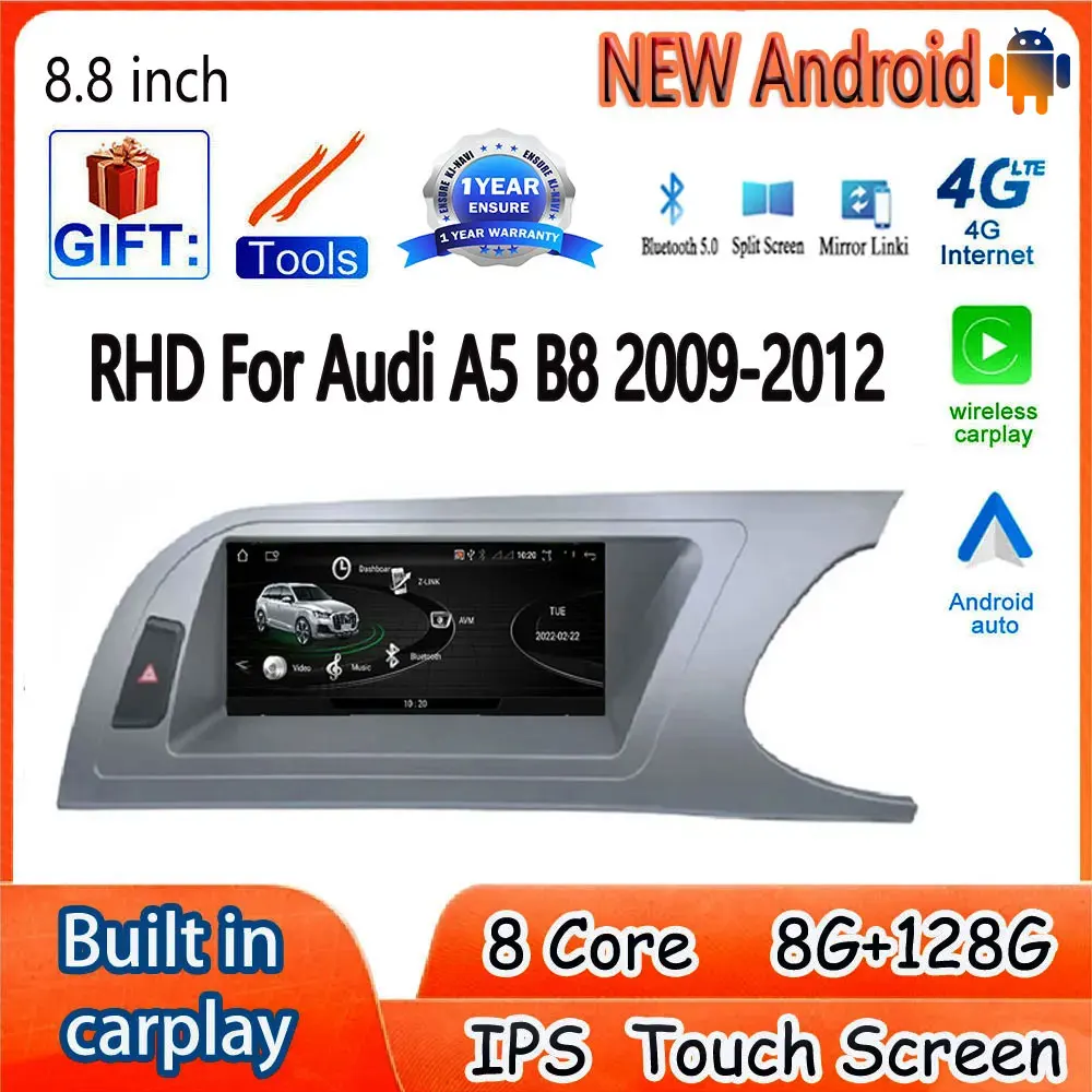 

RHD Stereo Radio 8.8 Inch For Audi A5 B8 2009-2012 GPS Navigation Carplay Car Accessories Multimedia Player Android 14 Monitors