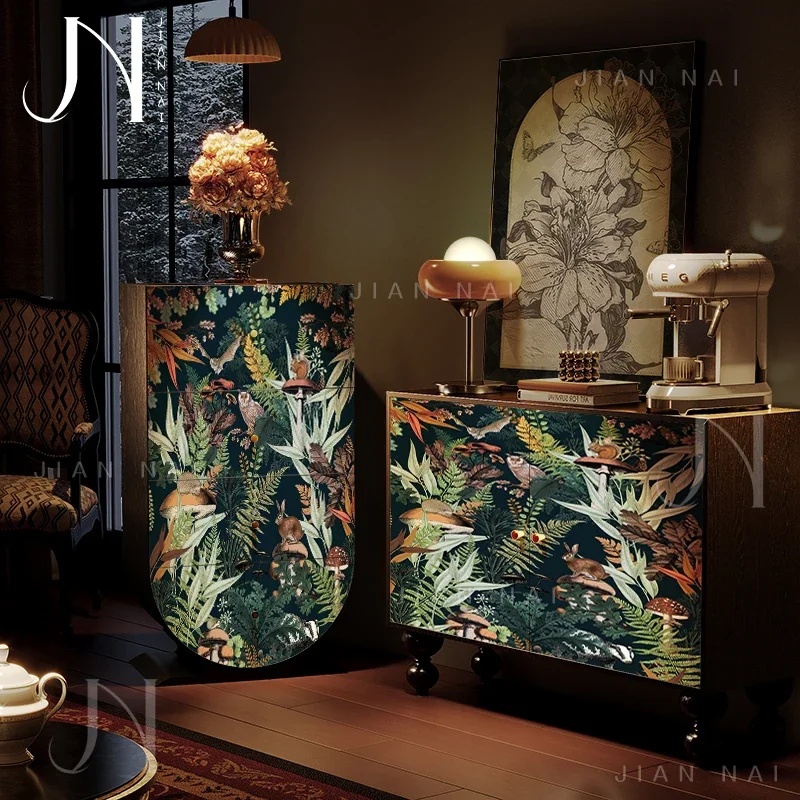 TAO Vintage Nanyang style solid wood four chest cabinets forest animals living room entrance wall storage drawer cabinet bedroom