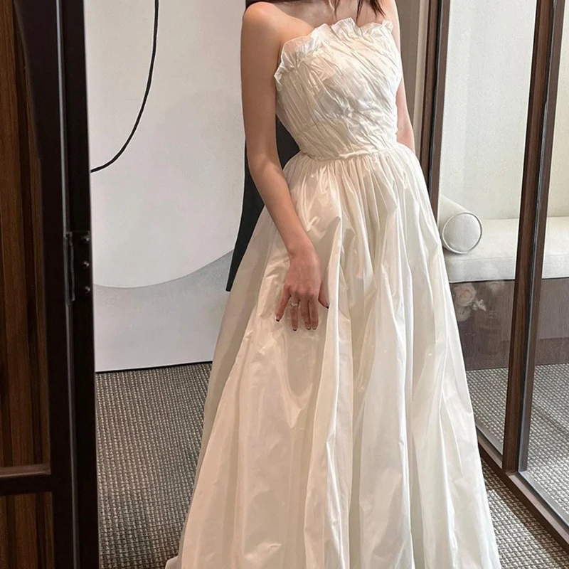 Simple Taffeta เกาหลีชุดแต่งงานสายสําหรับผู้หญิง Ruched ชุดเจ้าสาว Draped งานแต่งงานยิงแขนกุดชุดเจ้าสาว