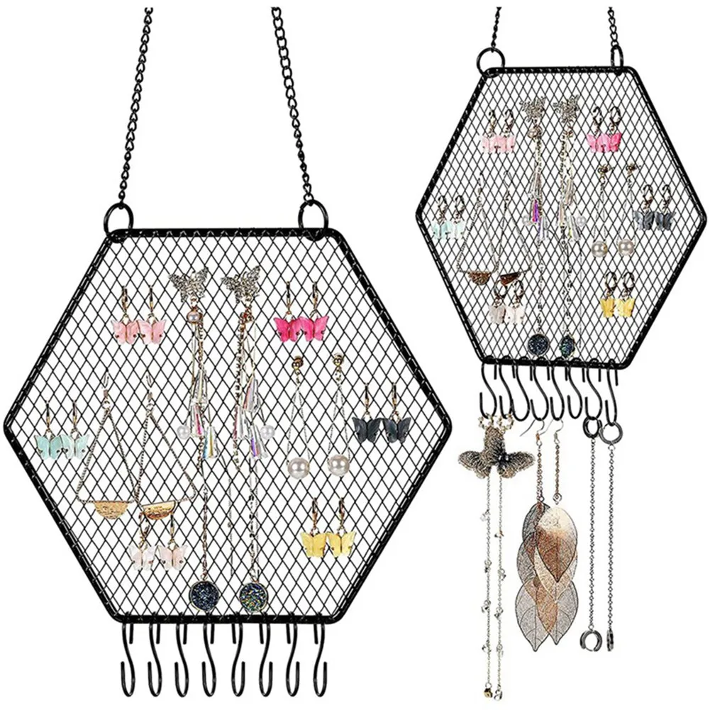 2 Pcs Earring Wall Holder Wall Mounted Earring Organizer Hanging Hexagon Earring Stand Decorative Diamond Grid Shape B