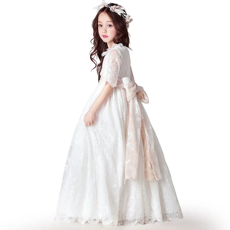 

Girls Half Sleeve Lace Princess Dress With Big Bow Accent Ideal For Flower Girl Duties Birthday Celebrations And Wedding Banquet