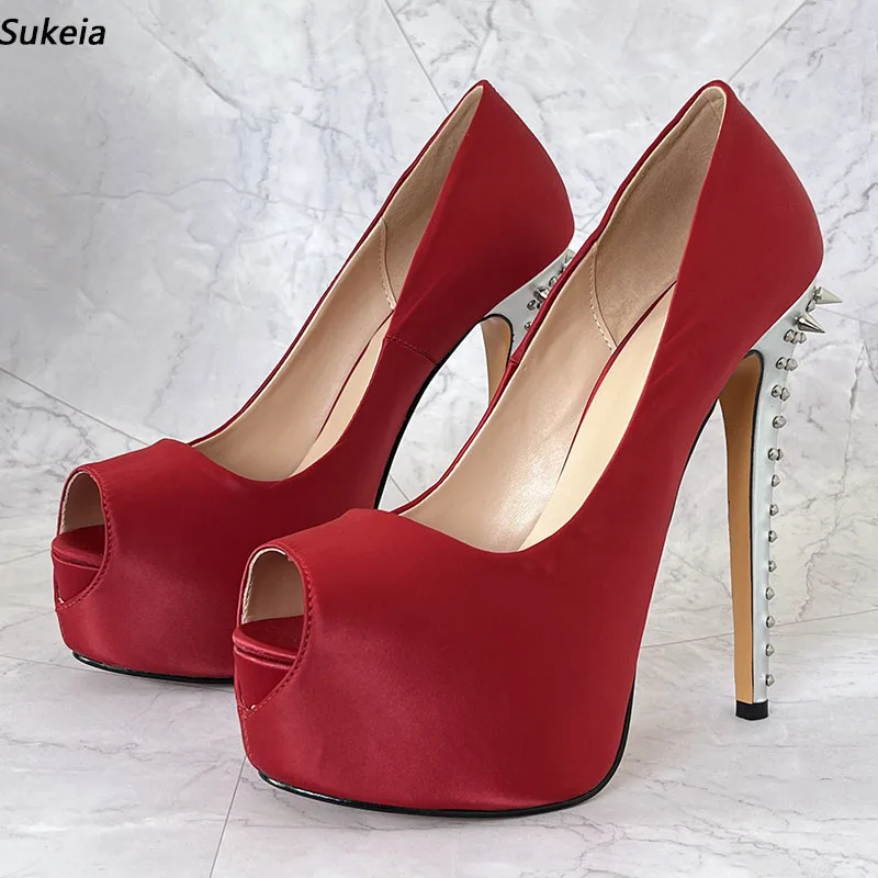 

Sukeia New Arrival Women Pumps Satin Slip On Peep Toe Sexy Stiletto Heels Burgundy Party Shoes Ladies US Plus Size 5-15